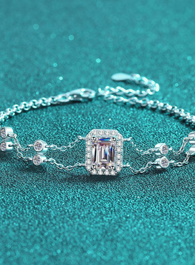 S925纯银镀18K金手工镶嵌莫桑石手链女双链条手环手饰镀PT950铂金