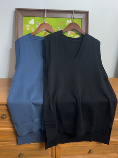 清！韩单宽松版针织马甲长款背心V领百搭针织衫时尚单品叠穿开叉