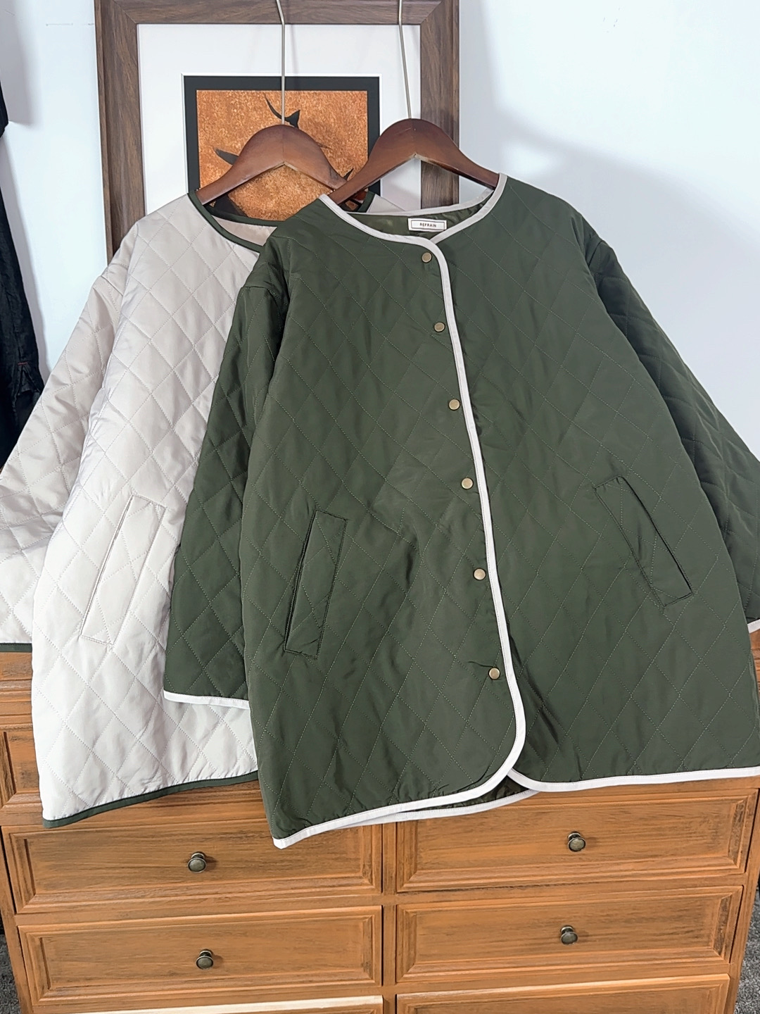 瑕疵品日单秋冬女士圆领菱形格绗缝棉衣外套绗缝薄款上衣轻便