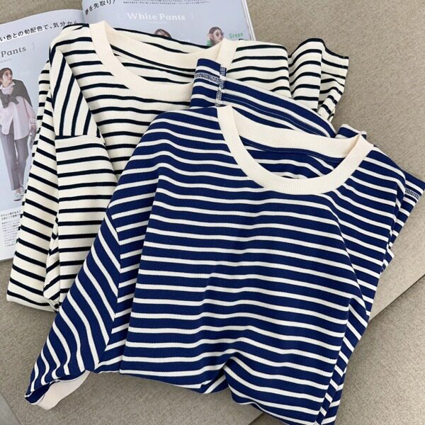 原单外贸日系2026春夏新款女士棉混纺条纹短袖开叉百搭T恤