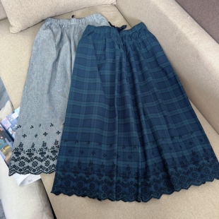 休闲裤 原单外贸春夏新款 棉麻女士刺绣蕾丝花边松紧腰宽松裙裤