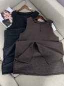 日单秋冬新款 V领毛呢无袖 背心连衣裙女休闲长裙背心裙保暖