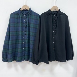 磨毛格子衬衫 日单秋冬季 文艺复古花边上衣衬衣长袖 衬衫 开衫