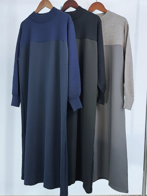 日系原单秋冬季长款百搭连衣裙内搭长袖螺纹拼接直筒裙子