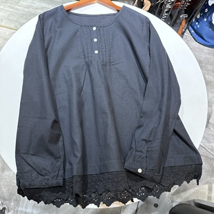 兔子家自制纯棉磨毛长袖衬衫百搭上衣蕾丝下摆柔软舒适衬衣