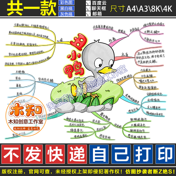 736丑小鸭思维导图模板手抄报读书小报黑白线描涂色空白安徒生