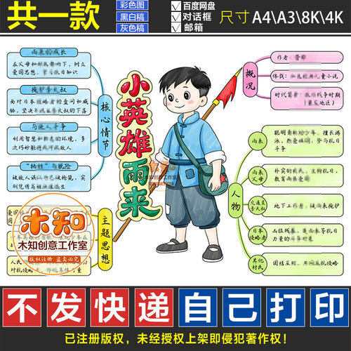 1163小英雄雨来思维导图手抄报小学生红色经典故事英雄人物黑白版
