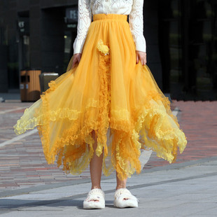 手工玫瑰花朵不规则纱裙4层纱料高腰A字纱裙甜美钉钻荷叶边半身裙