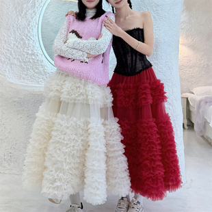 秋冬重工版蛋糕裙层次感多层褶皱网纱半身裙A字蓬蓬裙中长纱裙