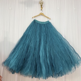 孔雀蓝手工褶皱夸张蓬蓬裙