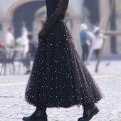 高端钉珠铆钉珍珠纱网纱超大摆伞裙网纱裙显瘦遮胯半身裙