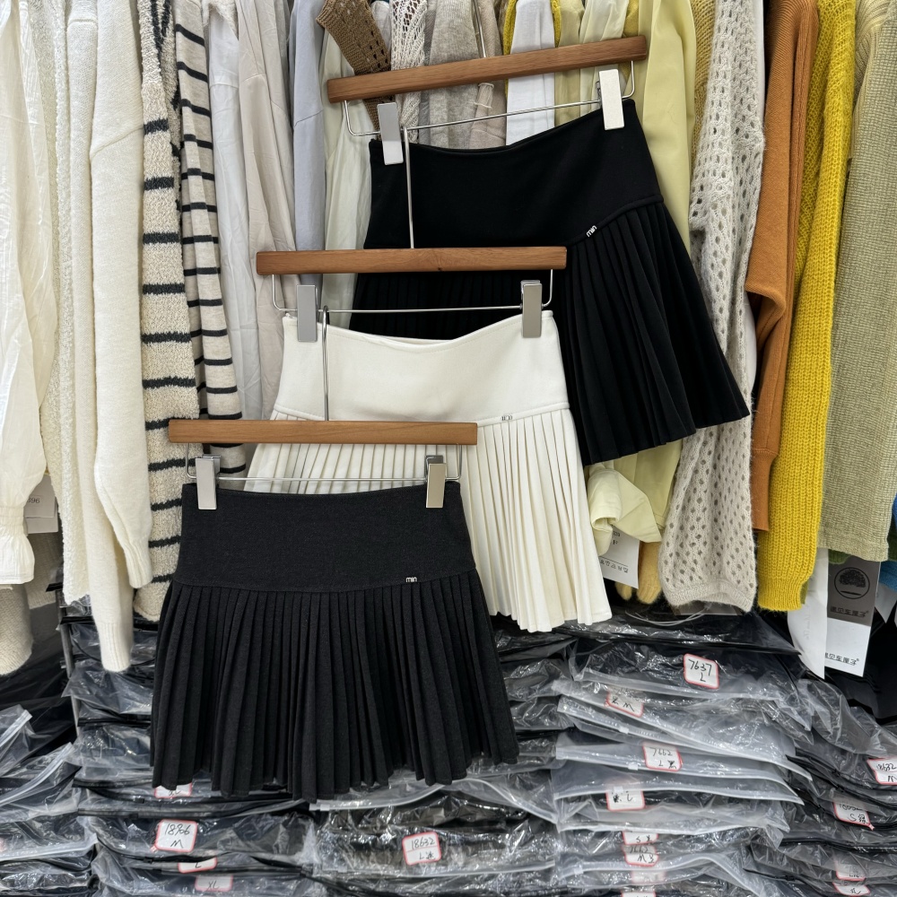 韩系秋冬减龄百褶呢料A字短裙带内衬高腰显瘦百搭休闲半身裙9019