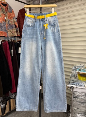 复古高腰窄版阔腿牛仔裤女26春新款配腰带宽松直筒拖地长裤90221