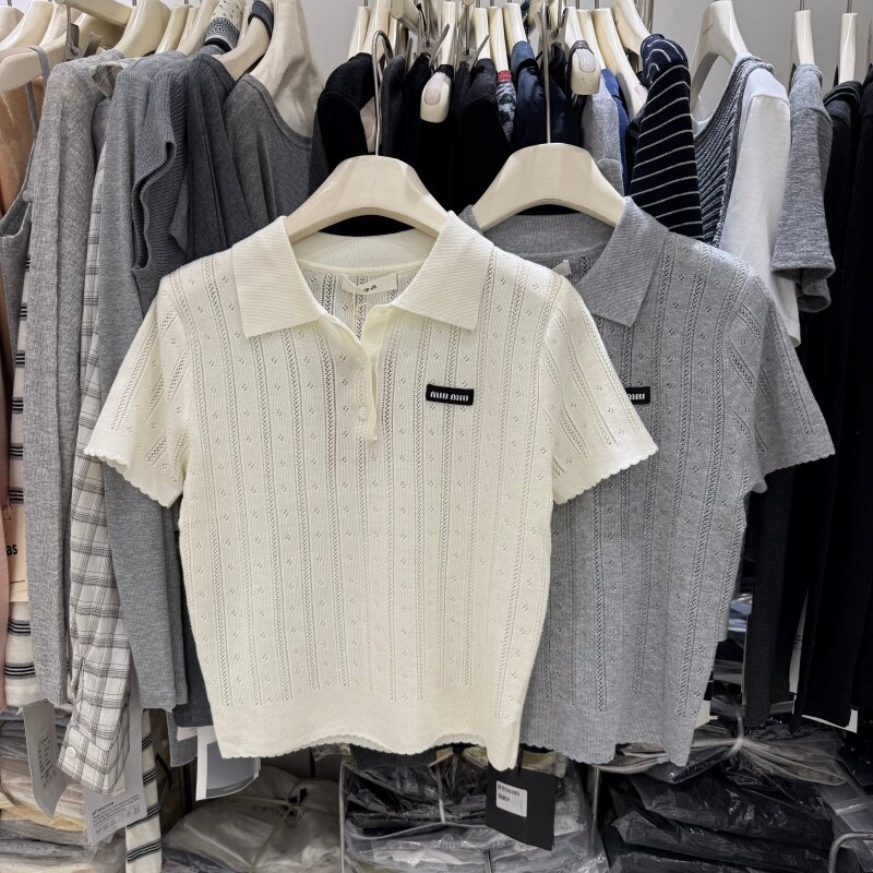 减龄学院风polo衫麻花针织衫女镂空短袖T恤韩版显瘦翻领上衣80233