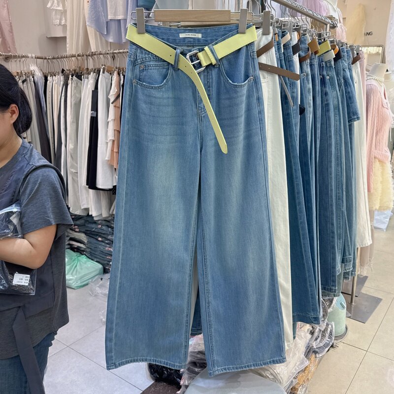 韩系柔软高腰垂感显瘦阔腿牛仔裤女薄款宽松百搭配皮带直筒裤3003