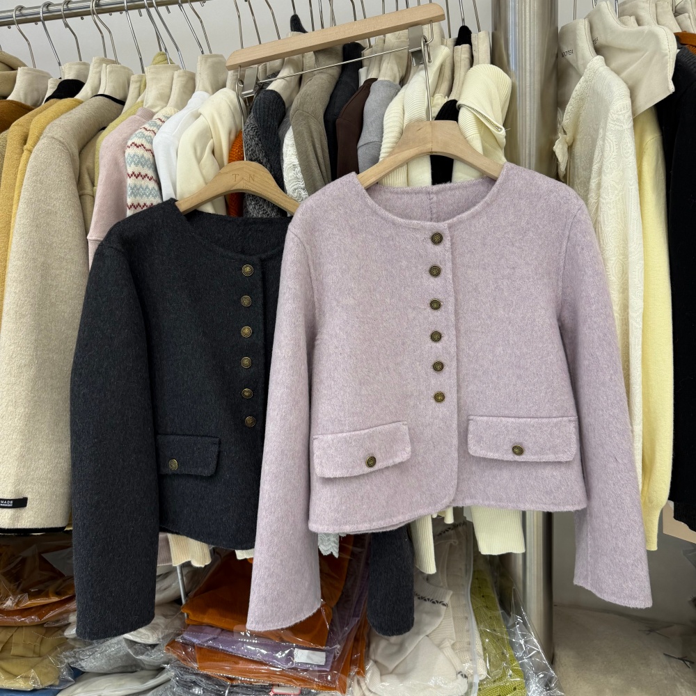 100%羊毛小香风单排扣圆领双面羊绒外套韩系简约气质短大衣女8003