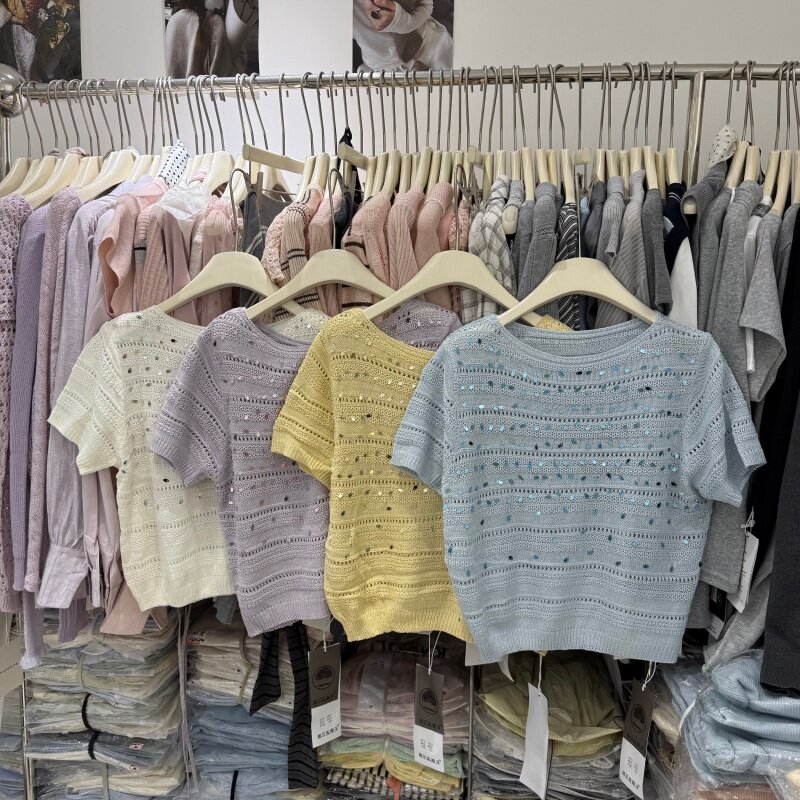 时尚亮片镂空高级感短袖针织衫女圆领宽松显瘦通勤休闲短上衣5063