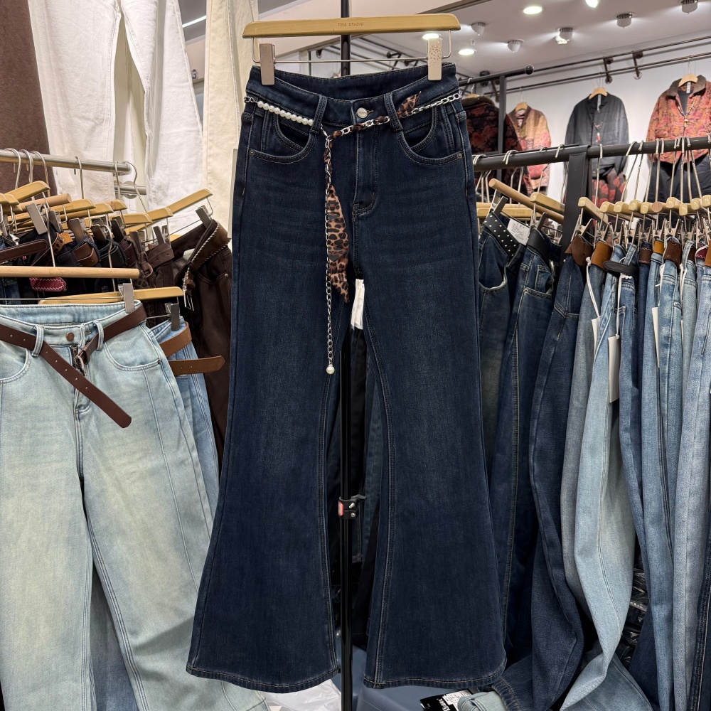 辣妹风洋气修身显瘦喇叭裤配珍珠腰带复古秋冬加绒长款牛仔裤6589