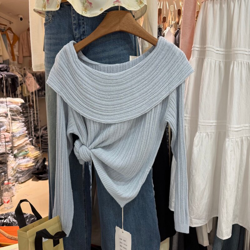 法式慵懒风翻领套头针织衫女26春款温柔风宽松显瘦性感薄上衣6352