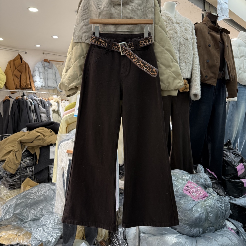 美式复古辣妹高腰显瘦阔腿牛仔裤豹纹腰带宽松加绒拖地长裤女7663