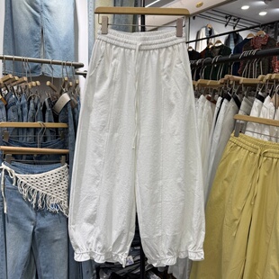 纯色花边高腰灯笼裤女韩版夏季薄款松紧腰宽松休闲八分花苞裤9601