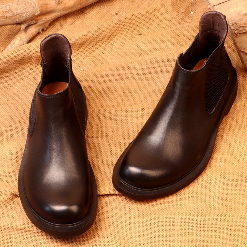 EUROPEAN HANDMADE LEATHER CHELSEA BOOTS COWHIDE SLIP FEET ROUND TOE PLATFORM SOLES 36-47 PLUS SIZE SOFT LEATHER MENS SHOES