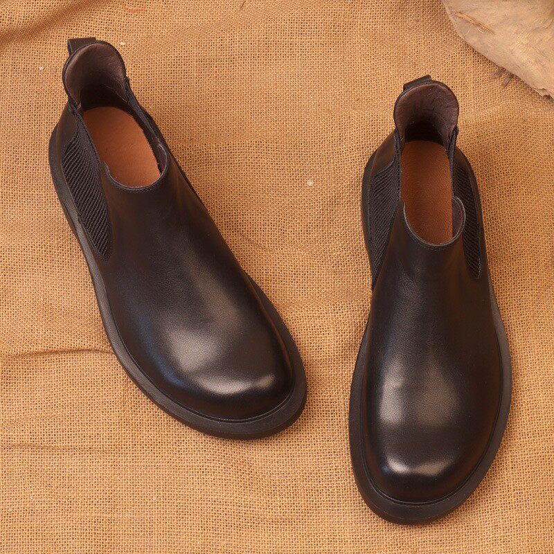 EUROPEAN HANDMADE LEATHER CHELSEA BOOTS COWHIDE SLIP FEET ROUND TOE PLATFORM SOLES 36-47 PLUS SIZE SOFT LEATHER MENS SHOES