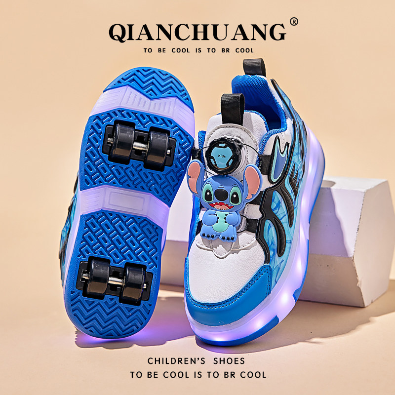 史迪仔男童四轮两穿暴走鞋皮面防水运动鞋儿童溜冰鞋学生公主鞋子