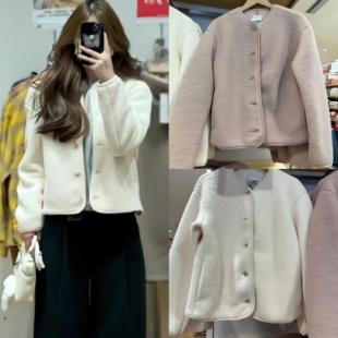 柜199！秋冬新款女装仿羊羔绒摇粒绒圆领开衫长袖外套 461660