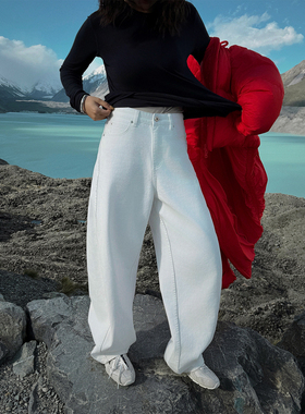 MOERSHOP经典系列 轮廓张力 白色弯刀抓绒阔腿牛仔裤直筒宽松裤子