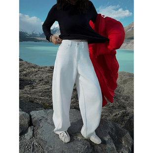 MOERSHOP经典系列 轮廓张力 白色弯刀抓绒阔腿牛仔裤直筒宽松裤子