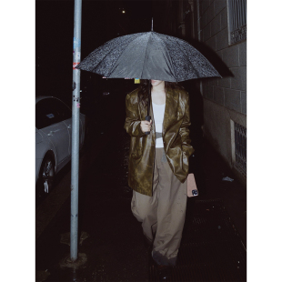 MOERSHOP  城市叛逆 复古墨绿环保皮衣西装