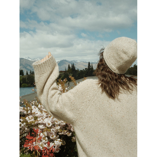 MOERSHOP理想型风格燕麦色彩点纱宽松圆领针织衫羊毛毛衣帽子套装