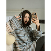 宽松系列绒感miu系蓝灰条纹T恤连帽衫 MOERSHOP 漫游都市