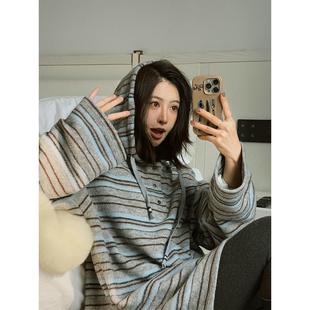 MOERSHOP  漫游都市  宽松系列绒感miu系蓝灰条纹T恤连帽衫