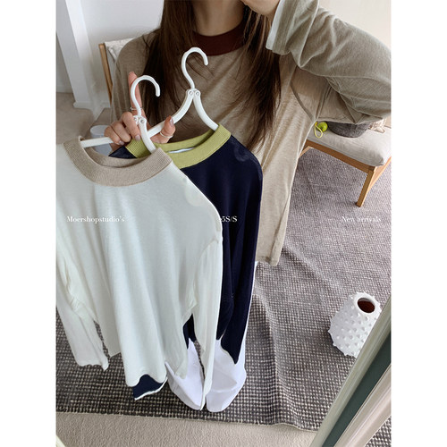 MOERSHOP舒适天花板羊毛莱赛尔拼色防晒T恤女春长袖薄款罩衫上衣