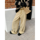 阔腿休闲裤 女冬季 复古高腰卡其色翻边牛仔裤 MOERSHOP微酷Athflow