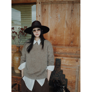 MOERSHOP 柔和毛感100羊毛拉毛治愈雅色系圆领毛衣慵懒软糯上衣女