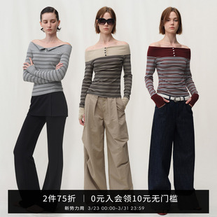 SMIIILE复古条纹拼接一字肩露肩T恤上衣女春设计感打底衫 显瘦 修身