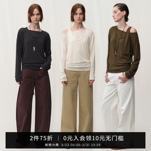 SMIIILE假两件天丝亚麻斜肩露肩亲肤上衣女秋褶皱堆叠感长袖 t恤衫