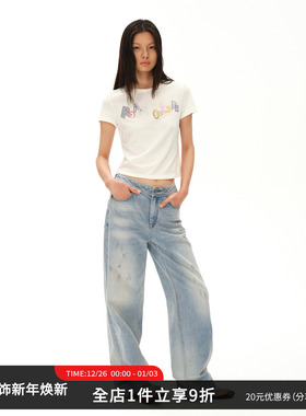 SMIIILE废土风复古怀旧浅蓝色水洗磨破中高腰宽松阔腿直筒牛仔裤