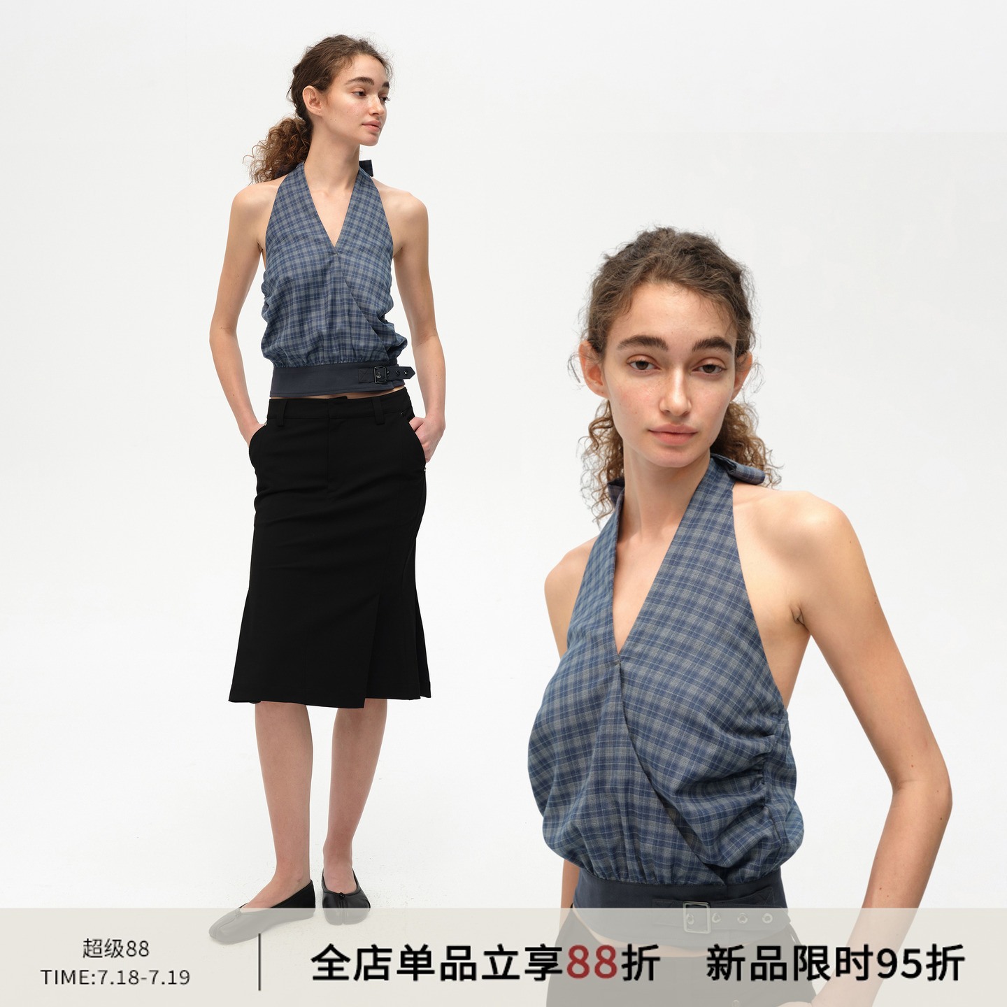 SMIIILE格子挂脖飘带无袖上衣
