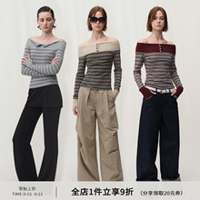 SMIIILE复古条纹拼接一字肩露肩修身长袖上衣女秋季设计感打底t恤