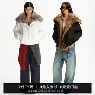 SMIIILE通勤撞色立领短款 拉链大毛领宽松加厚皮草毛毛外套女