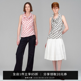 SMIIILE经典 上衣女 撞色格纹轻薄透气吊带背心堆堆荡领挂脖无袖