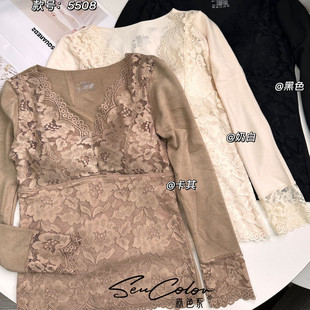 秋冬新品长袖保暖上衣外穿内搭V领发热蕾丝边自带胸垫打底衫内衣