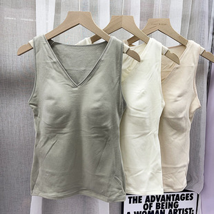 秋冬德绒保暖V领宽肩吊带背心修身内衣女带胸垫一体杯内搭打底衫