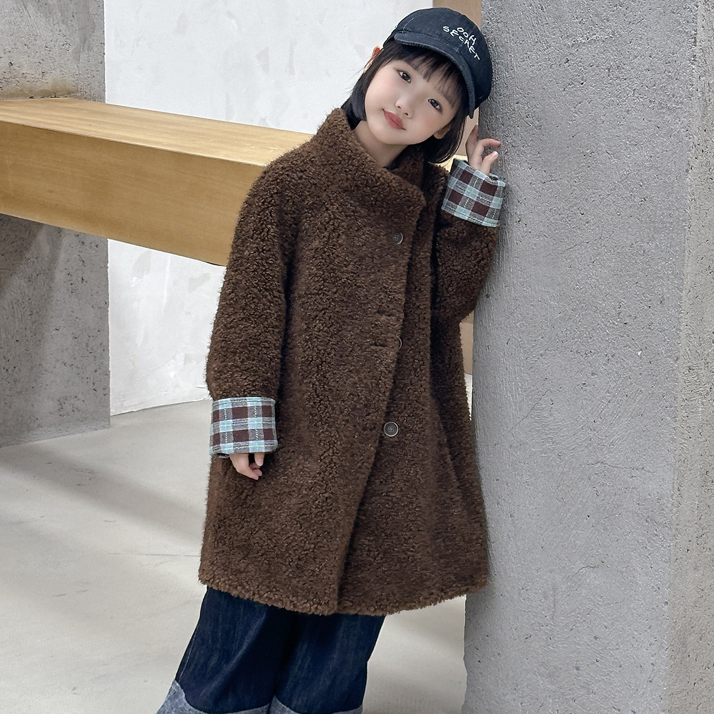 儿童真皮草外套韩系撞色格子