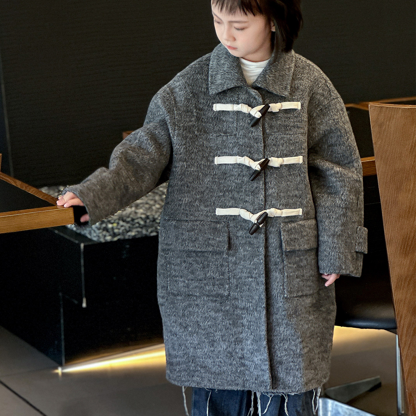 甜苏2025新款儿童中大童潮童翻领羊毛双面呢大衣女童毛呢外套中长