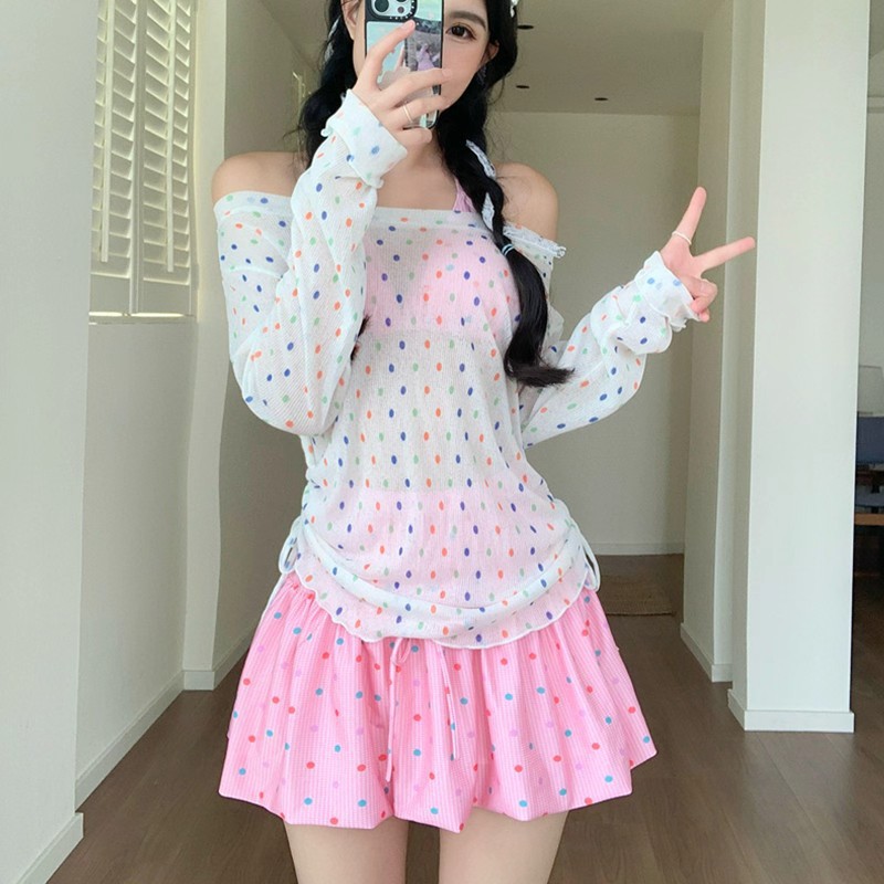 女士波点长袖罩衫四件套比基尼